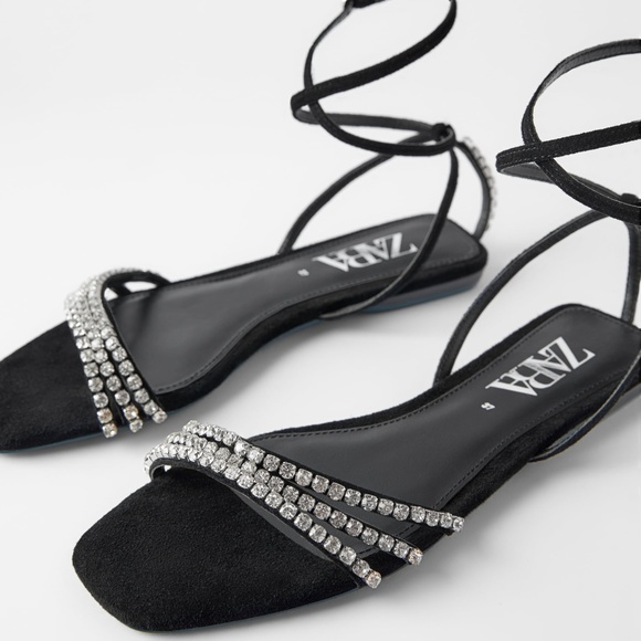 ZARA BLUE COLLECTION LEATHER SUEDE GEM EMBELLISHED FLAT SANDALS - Picture 2 of 7